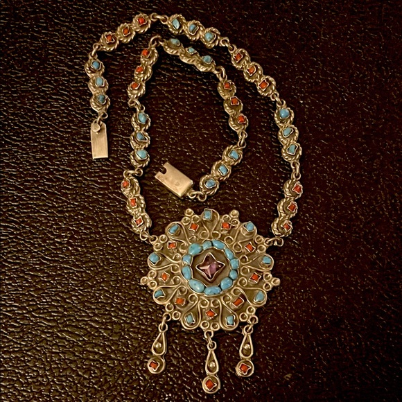 Jewelry - Elegant Silver turquoise, and coral Matl style Necklace